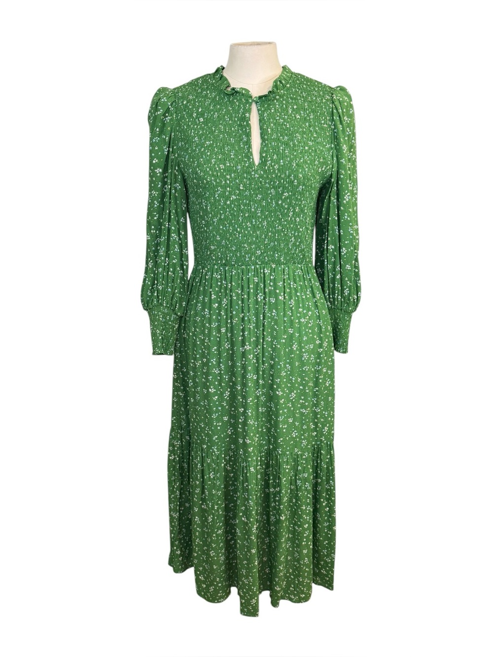 WYSE London Sabine Green Floral Smocked Prairie Midi Dress Puff Sleeve size 4